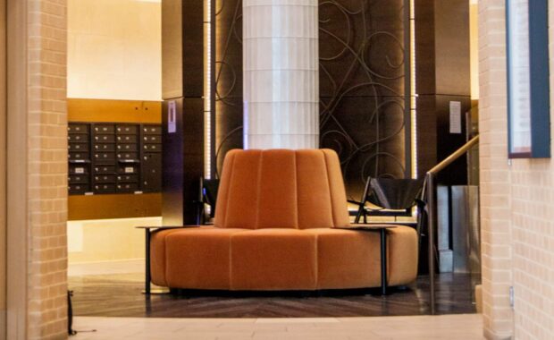 orange circular custom dining banquette in lobby