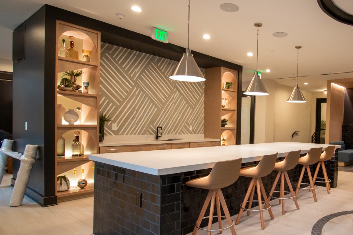 modern custom casework shelving behind bar