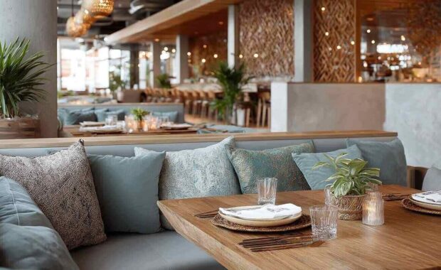 contemporary restaurant interior featuring modern lighting