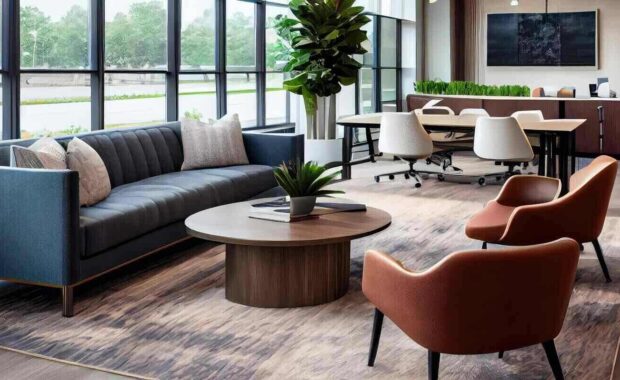 modern, minimalist office with ergonomic commercial millwork furniture and a dynamic view