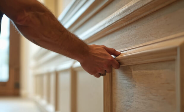 carpenter installs custom business millwork trim molding for luxury condominium lobby renovation