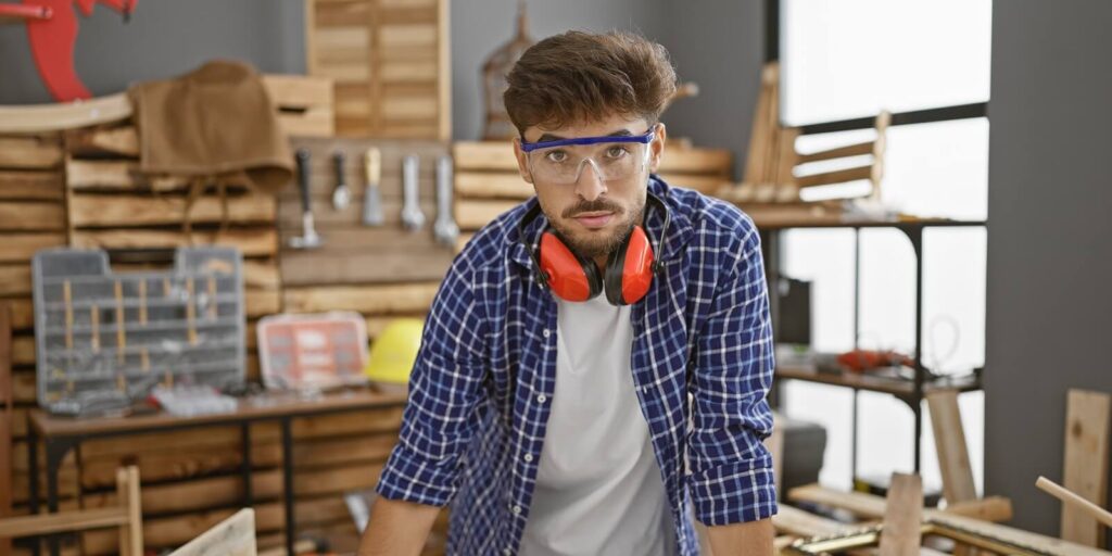 serious-faced young man, an arab carpenter wearing glasses, breathes in the essence of woodwork amidst