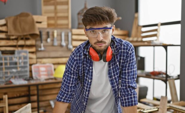 serious-faced young man, an arab carpenter wearing glasses, breathes in the essence of woodwork amidst
