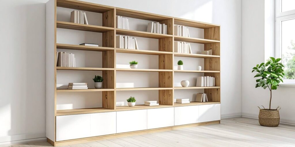 spacious modern wooden bookshelf business millwork unit with white drawer cabinets and potted plants