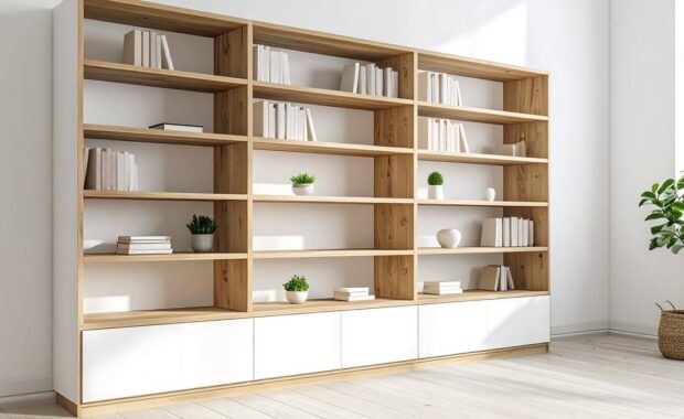 spacious modern wooden bookshelf business millwork unit with white drawer cabinets and potted plants