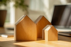 wooden house models representing real estate concepts on a desk in bright natural light with blurred laptop and plant in the background