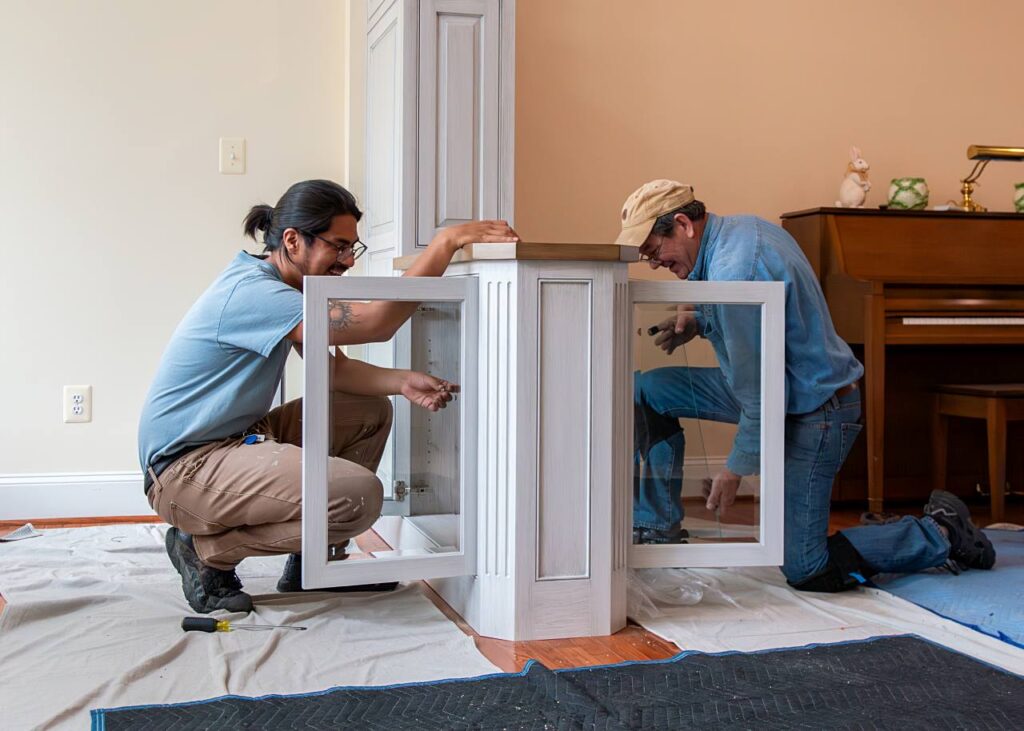 Two carpenters installing glass doors on a low built-in display cabinet with gray-white distressed painted finish and a wood countertop, both crouching on opposite sides adjusting hinges, with drop cloths on the floor and a piano visible in the background.