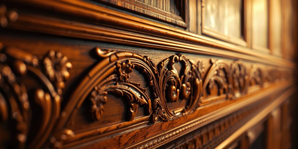 victorian style wood trim wall with intricate carvings