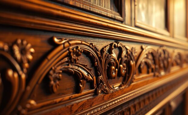 victorian style wood trim wall with intricate carvings