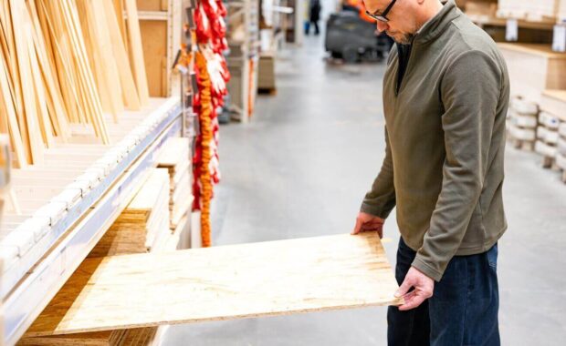 man selecting timber (plywood) in hardware store