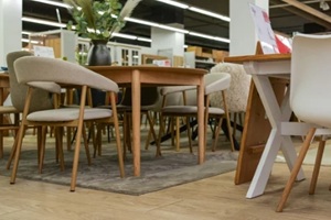 modern dining room furniture set with wooden tables and upholstered chairs