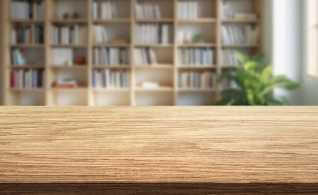 blurred background of modern office workspace with bookshelves and wooden desk on foreground