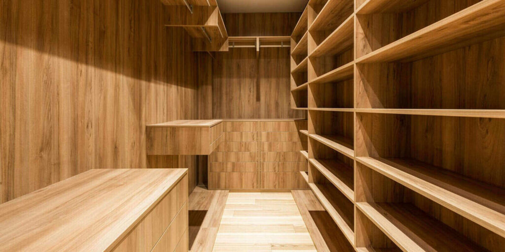 empty wooden walk-in closet interior with contemporary shelving and natural light