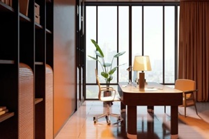 executive office interior with large windows