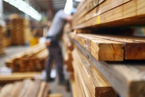 close-up of stacked wooden planks in a lumber yard