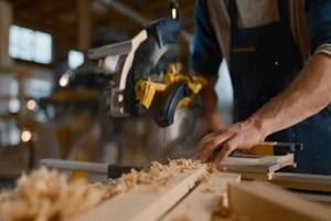 furniture maker cuts compound miter on hardwood crown molding using precision saw