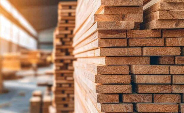 stacks of wood in a warehouse lit by warm sunlight