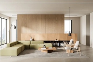 minimalist living room interior with wooden panel wall