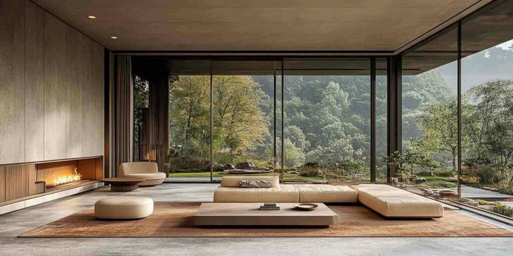 spacious minimalist living room features a fireplace and comfy seating overlooking stunning mountain scenery