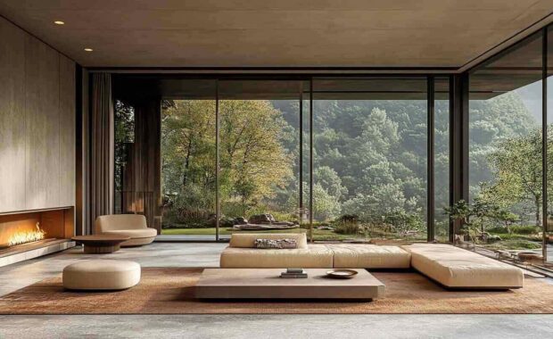 spacious minimalist living room features a fireplace and comfy seating overlooking stunning mountain scenery